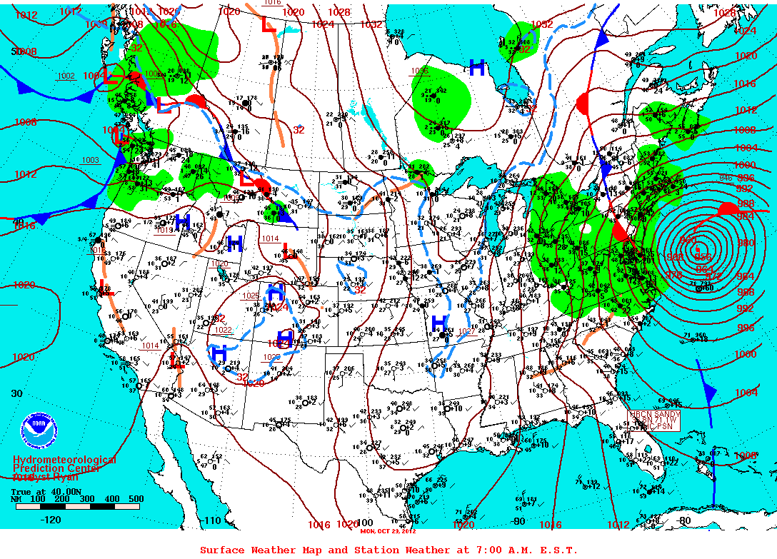 NOAA surface analysis for 1200 UTC 29 October 2012 with Hurricane Sandy off the Mid-Atlantic coast