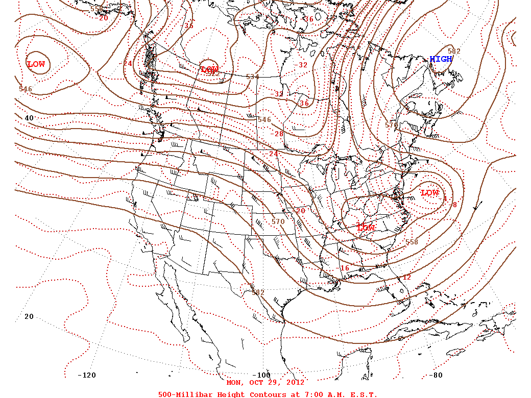 500 millibar upper-air chart for 1200 UTC 29 October 2012 showing the trough that captured Hurricane Sandy