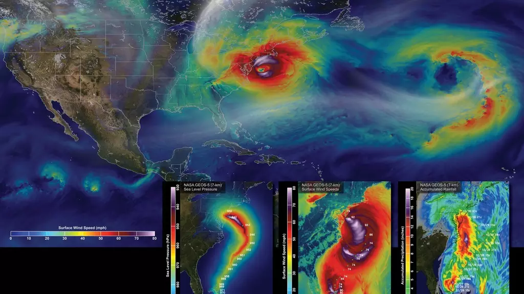 NASA GEOS-5 model surface wind field showing Hurricane Sandy as a colored spiral off the Mid-Atlantic coast