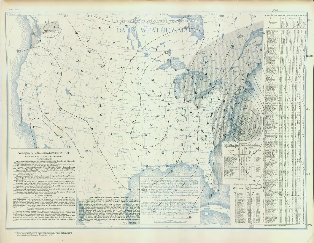 US Weather Bureau surface chart of the 1938 Great New England Hurricane