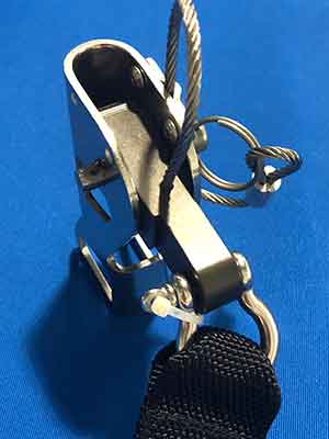 The Ascender shackle: the ear screws in from the left side
