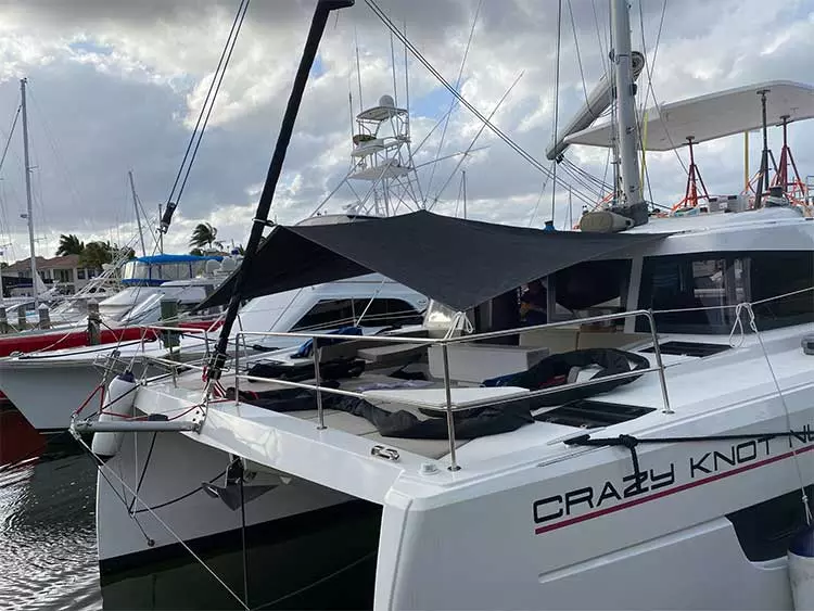 Bali 4.6 catamaran with ATN Multi Awning, forward view